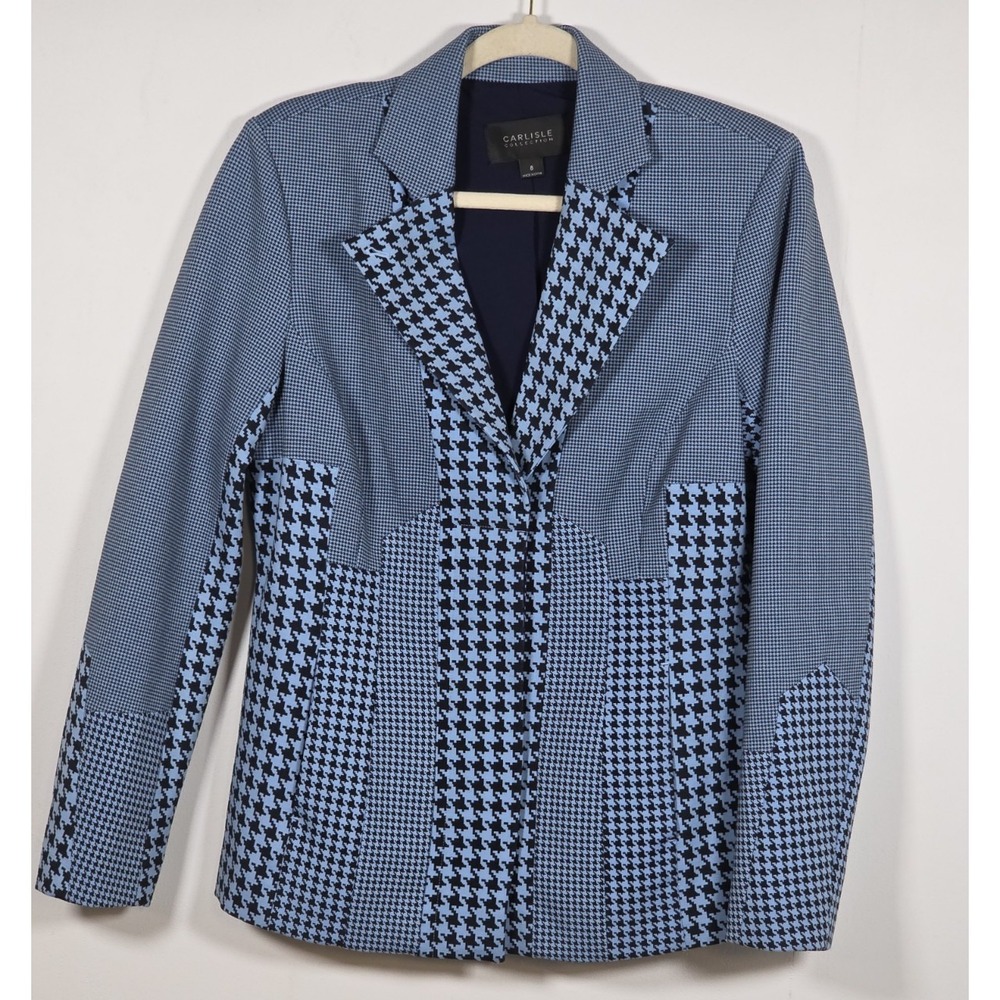 Carlisle Collection Womens 8 Houndstooth Blazer Blue Rayon Lined Jacket Career